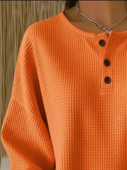 Full Size Waffle Knit Button Detail Top Plus Size
