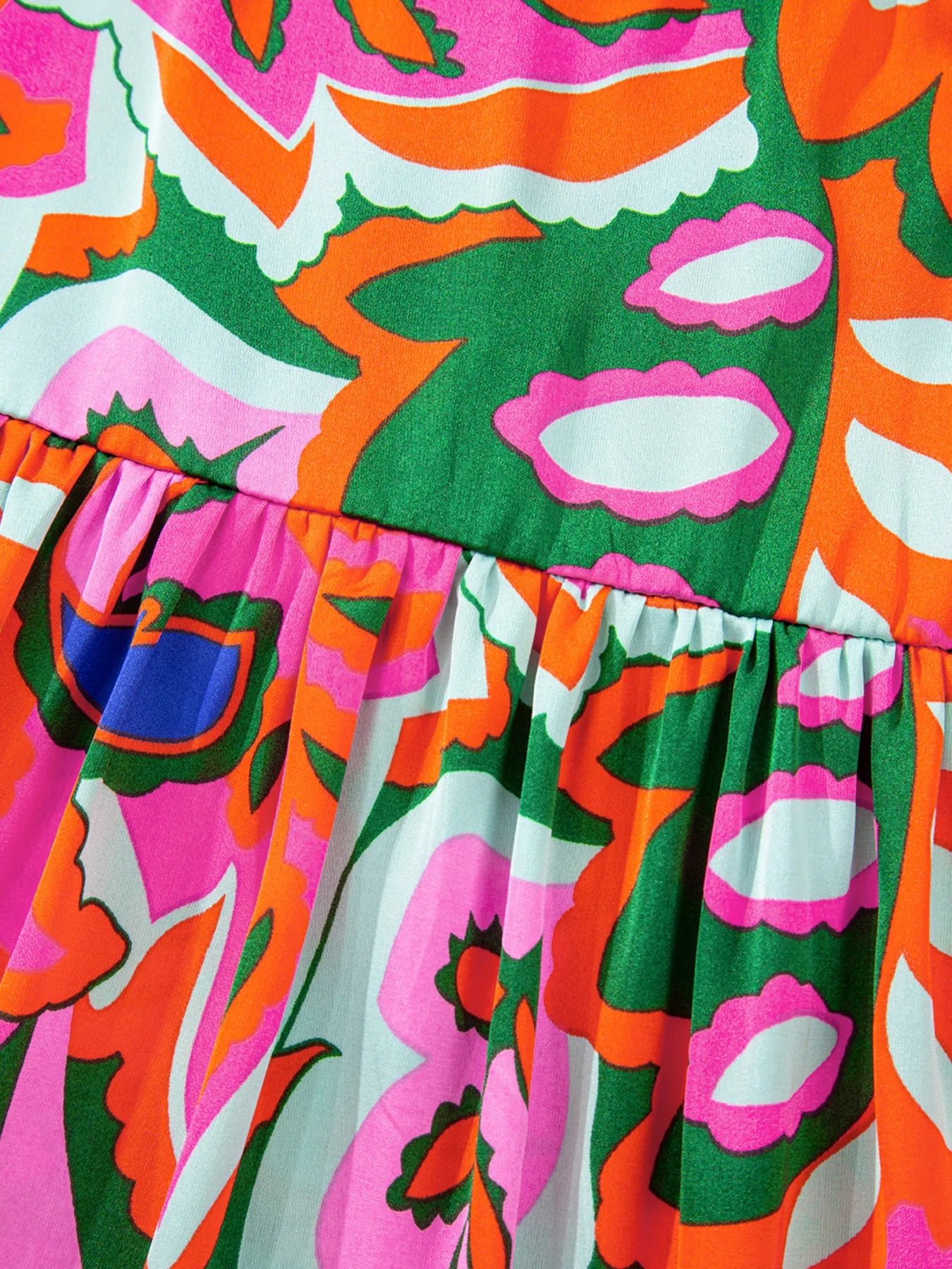 Tropical Print Short Sleeve Tie Neck Blouse