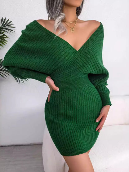 Surplice Long Sleeve Sweater Dress Green