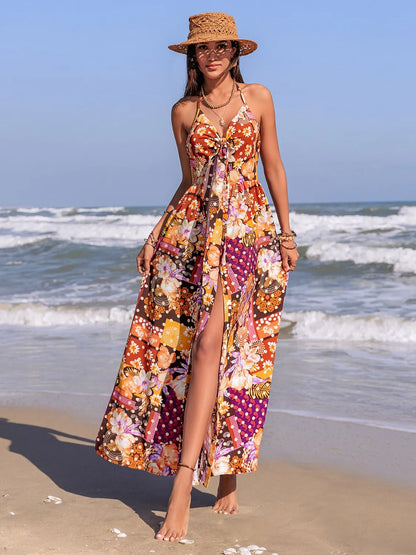 Slit Printed Halter Neck Cami Dress Multicolor