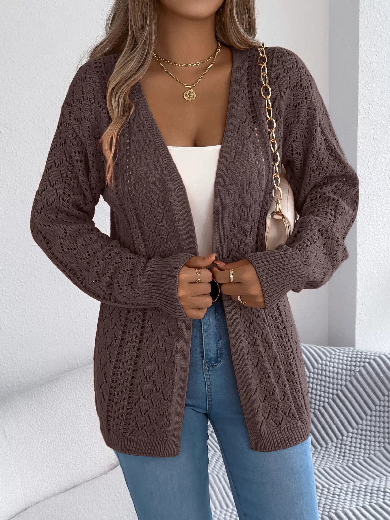 Openwork Open-Front Long Sleeve Cardigan