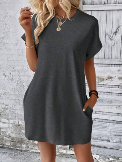 Round Neck Short Sleeve Mini Tee Dress with Pockets Dark Gray