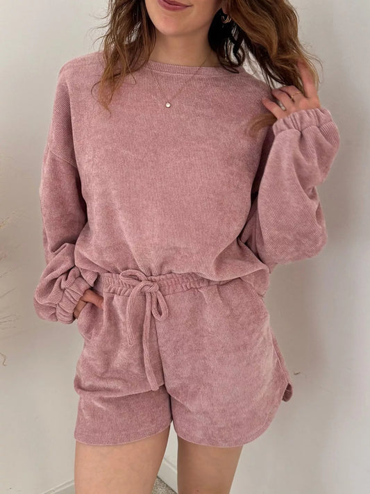 Round Neck Dropped Shoulder Top and Drawstring Shorts Set