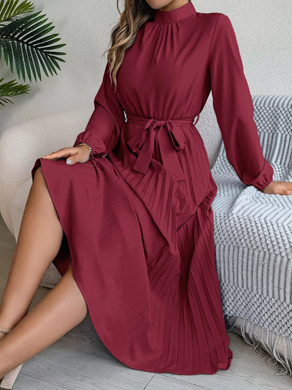 Mock Neck Pleated Midi Dress Burgundy