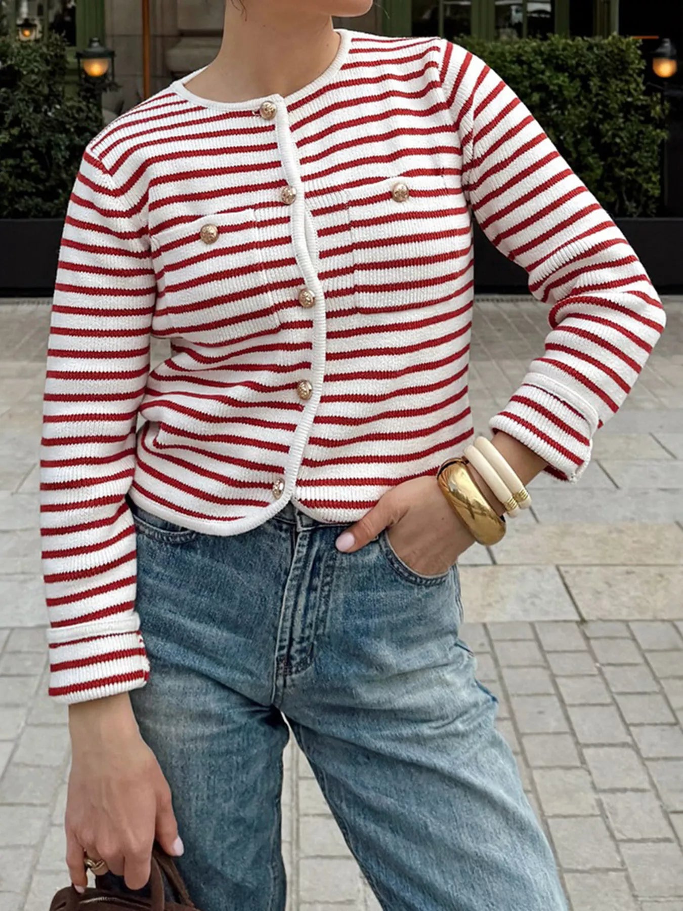 Striped Knit Button Up Cardigan Red