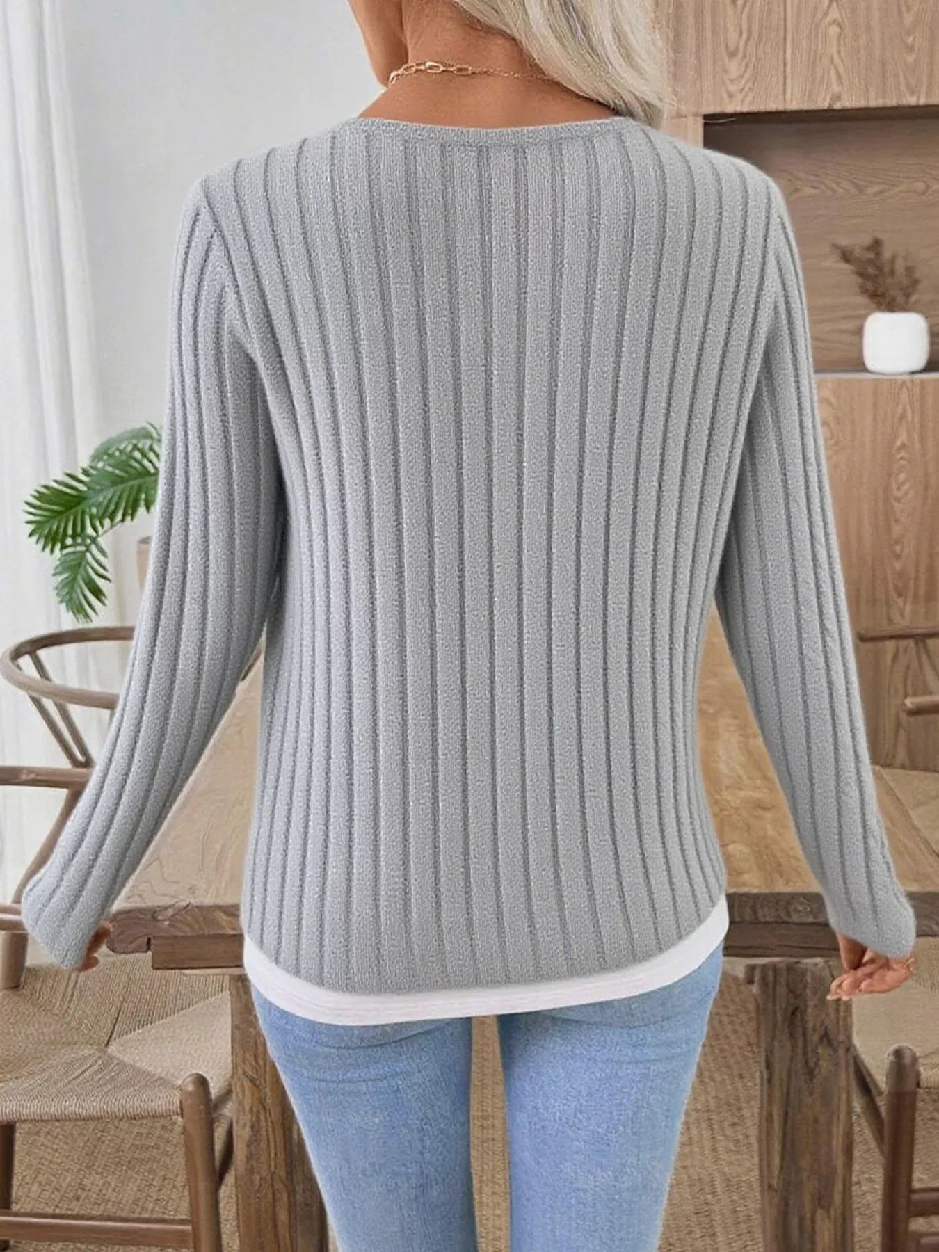 Ribbed Knit Button Detail Contrast Sweater