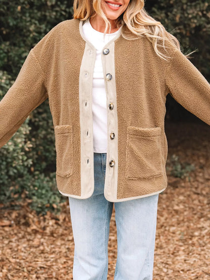 Puffy Plush Corduroy Edge Patchwork Jacket with Pockets