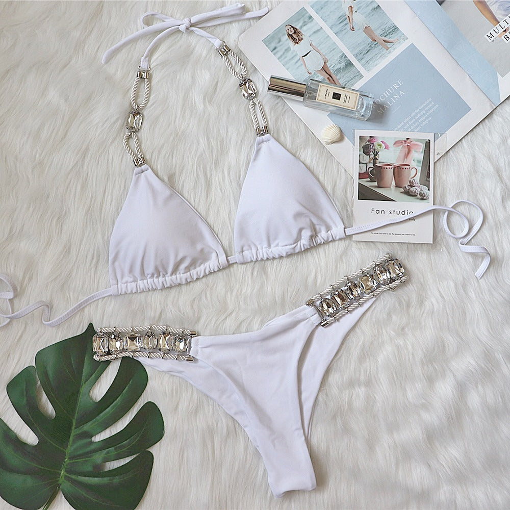 Swimsuit Sexy Crystal Diamond Women Swimwear Plain Strap Halter Bikini White