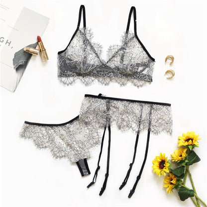 Sexy Lingerie Set Women Lace Beautiful Back Criss Cross Strap Thin French Bra Sexy Lingerie Garter Suit White