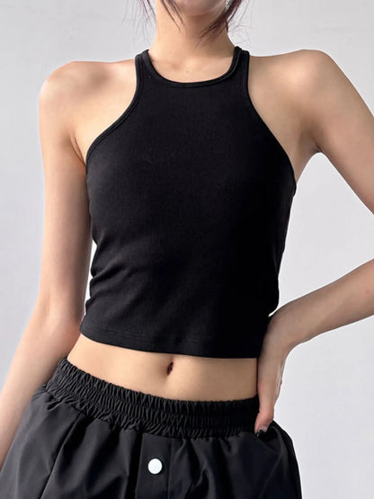 Ribbed Round Neck Crop Tank Top Black One Size