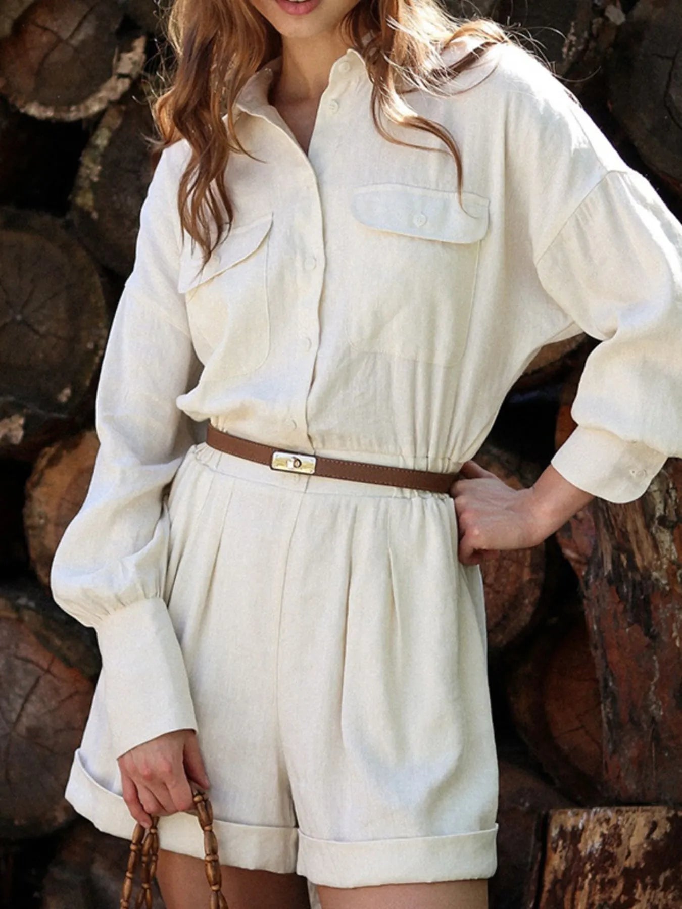 Casual Button Front Long Sleeve Romper Beige