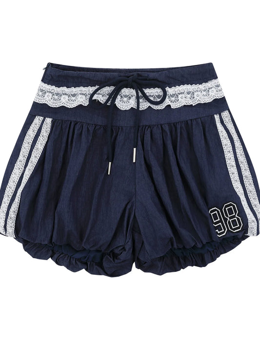 Lace Trim Shorts with Drawstring Blue