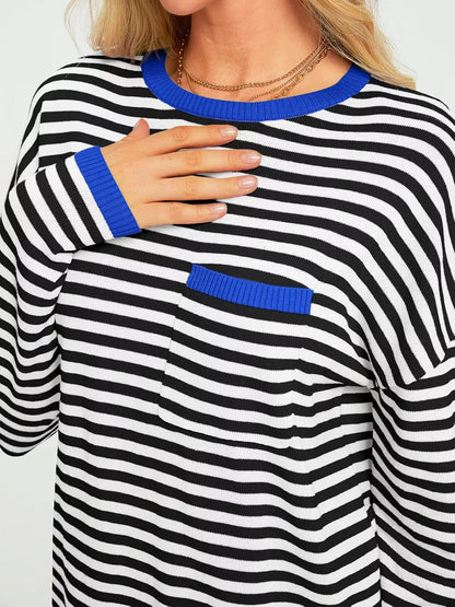 Striped Long Sleeve Sweater with Contrast Ribbed Trim