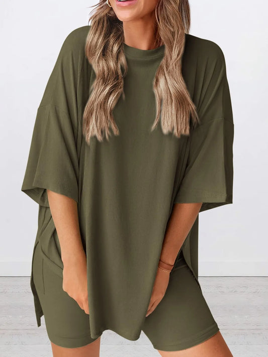 Full Size Oversized Slit Round Neck Top and Shorts Lounge Set Plus Size Army Green