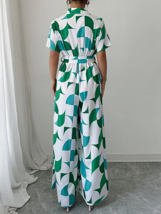 Printed Wide Leg Belted Jumpsuit