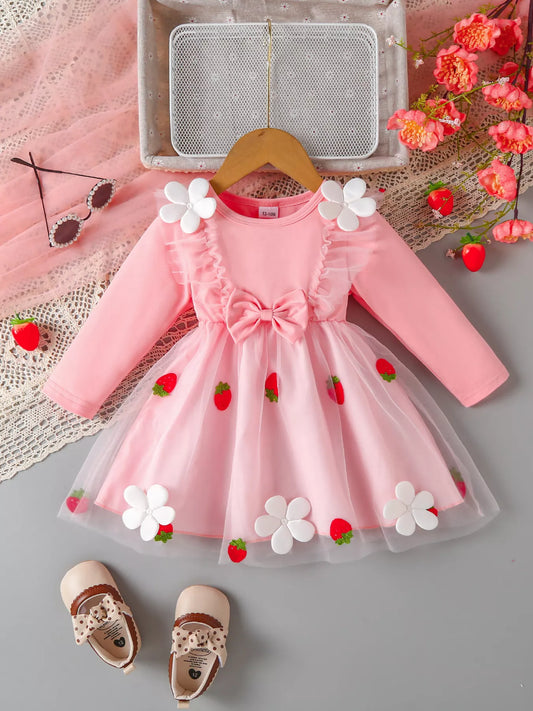 Children's Bow Decor Ruffle Trim Dress Blush Pink