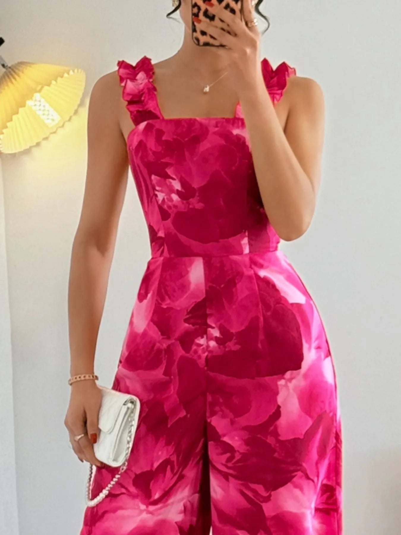 Floral Print Square Neck Wide Leg Jumpsuit