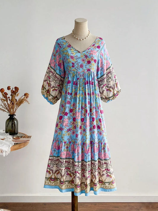 Plus Size Floral Print V-Neck Dress Light Blue