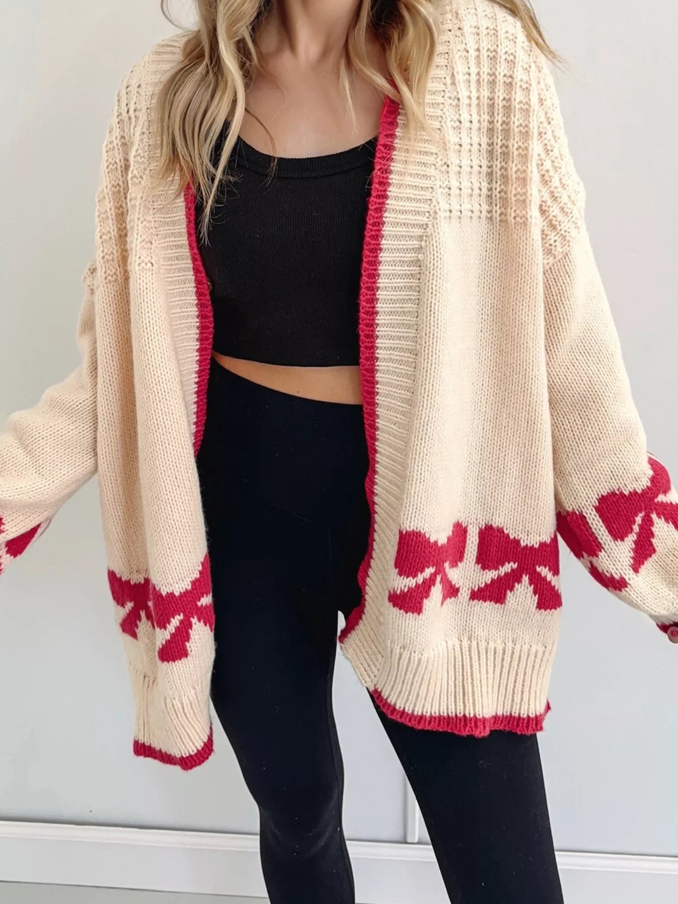 Bow Pattern Textured Open Front Baggy Cardigan Beige