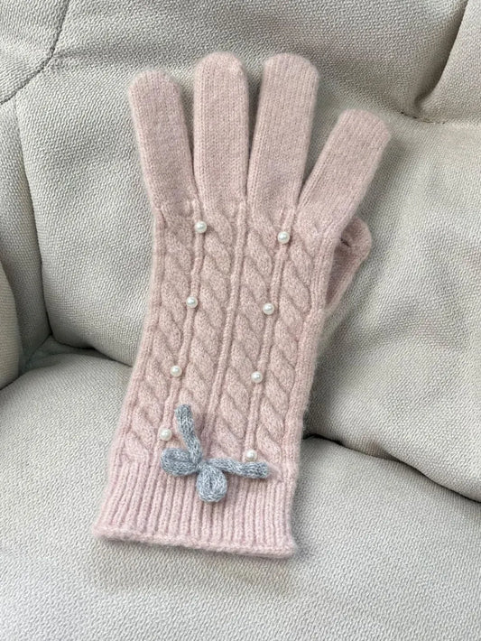 Thermal Pearl Detail Bow Five-Finger Gloves Blush Pink One Size
