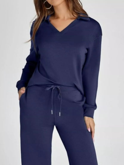 Full Size Johnny Collar Long Sleeve Top and Pants Plus Size