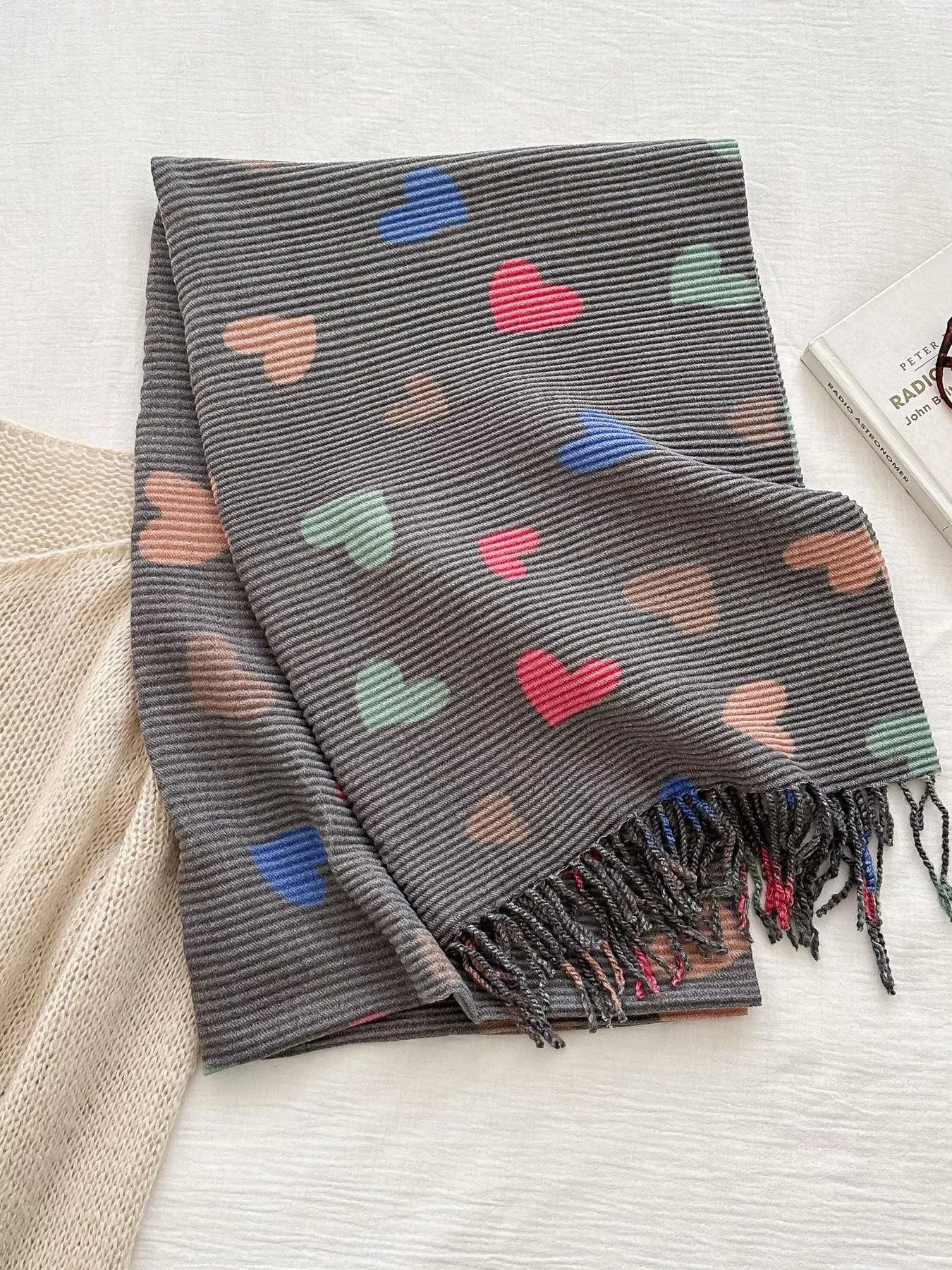 Heart Patterned Tassel Scarf Black One Size