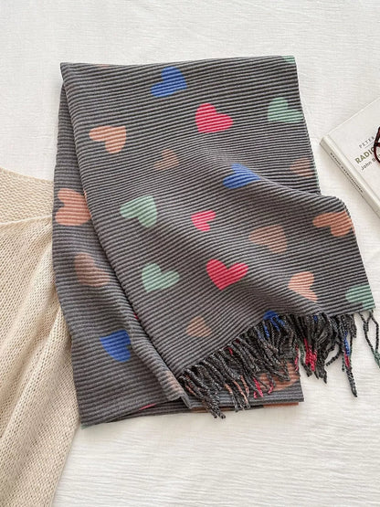Heart Patterned Tassel Scarf Black One Size