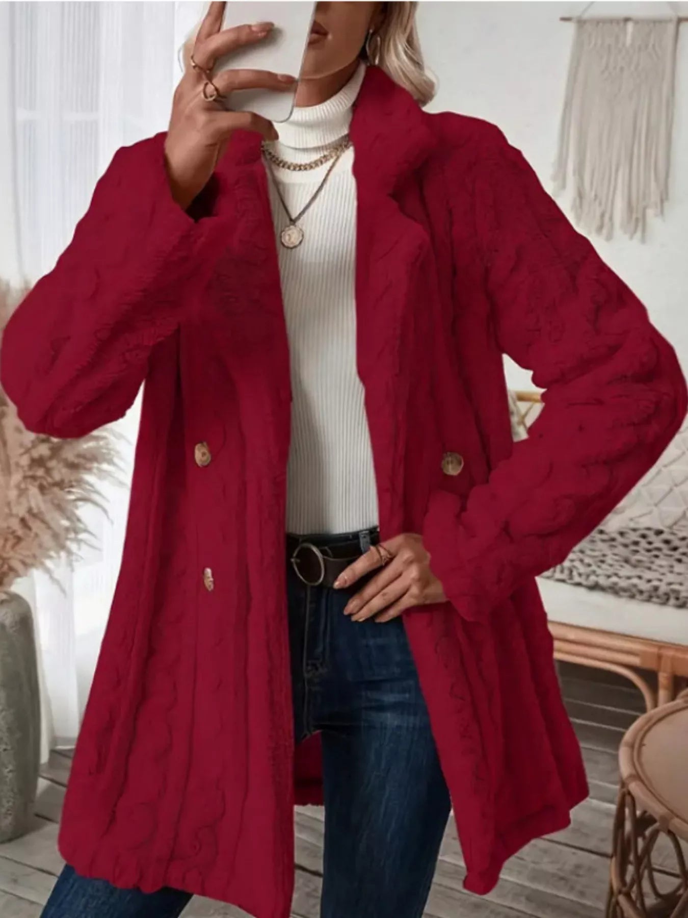 Cozy Faux Shearling Double-Breasted Outerwear Red