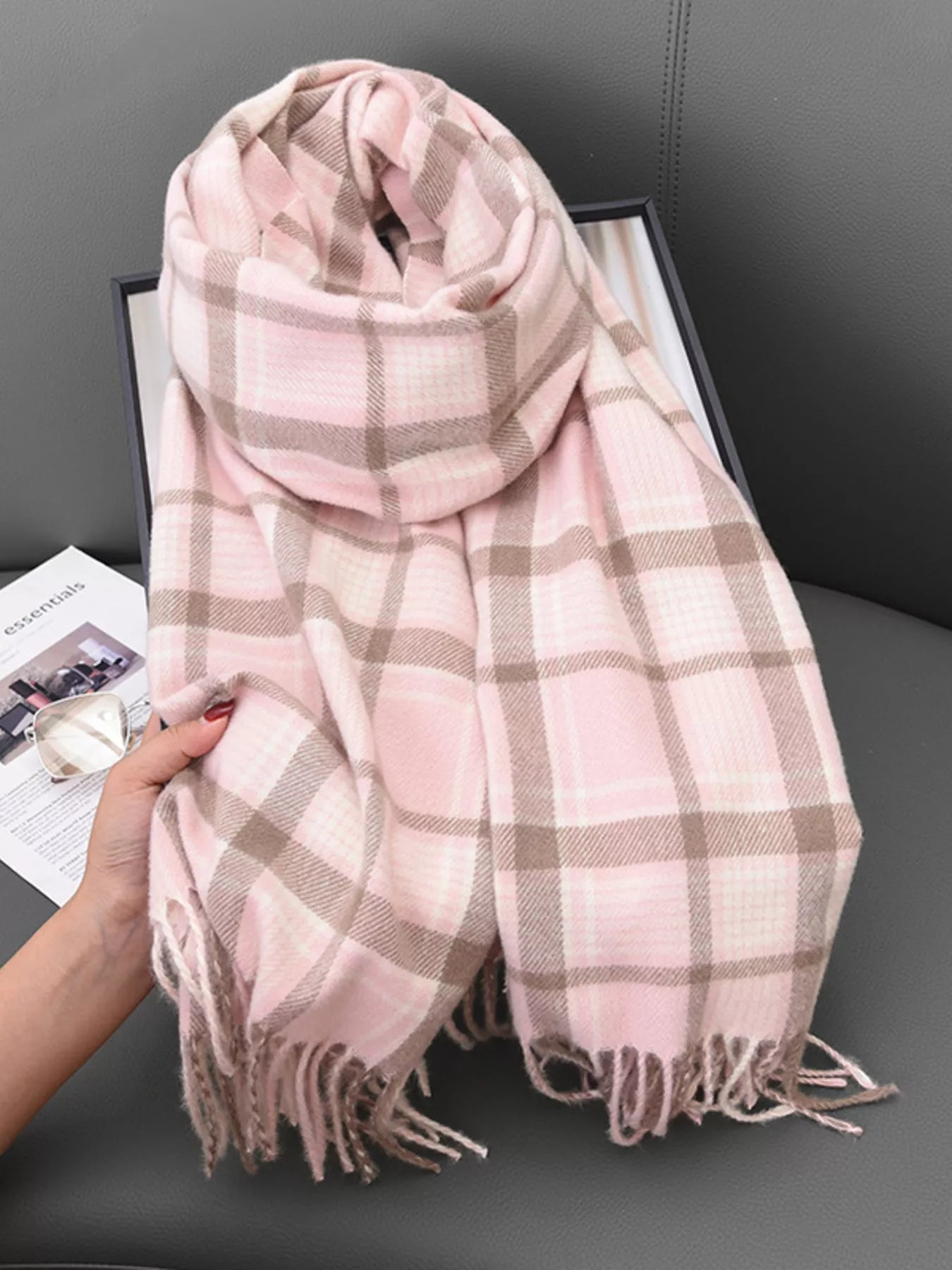 Plaid Tassel Hem Winter Scarf Light Powder One Size