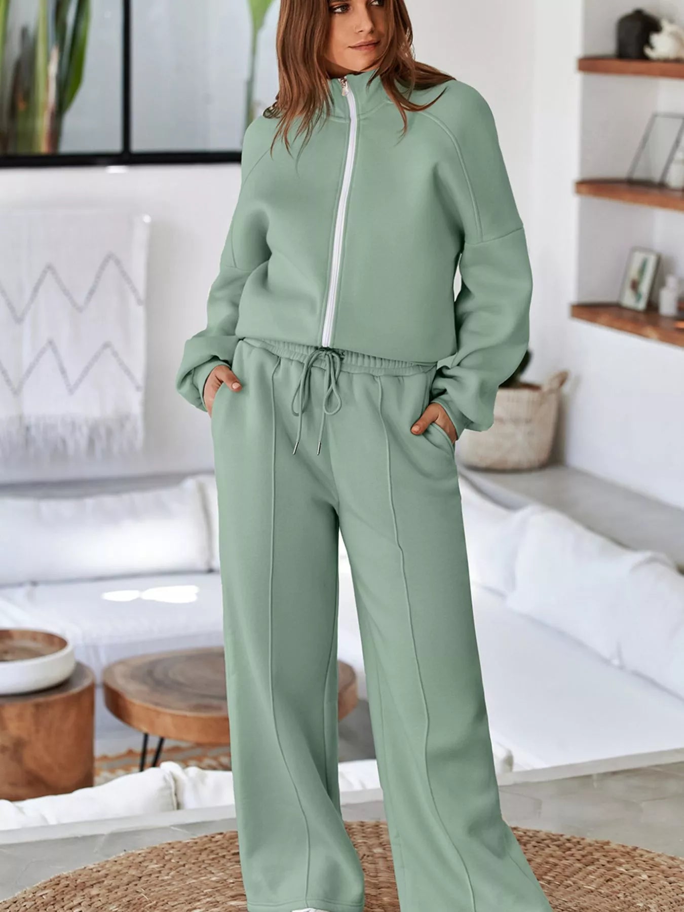 Drop Shoulder Zip Up Jacket and Drawstring Pants Active 2pcs Set