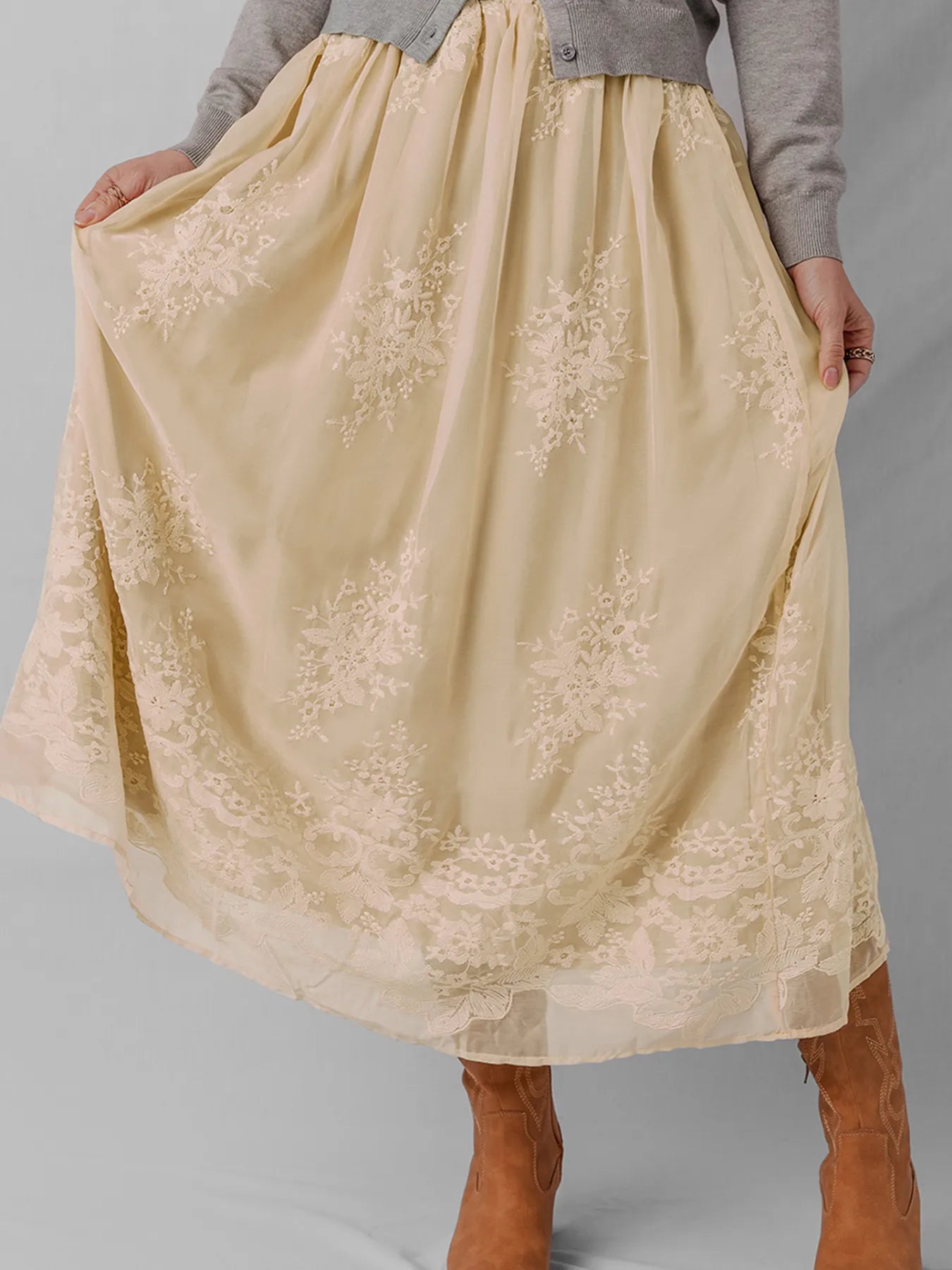 Embroidered Mesh Overlay Flowy Midi Skirt