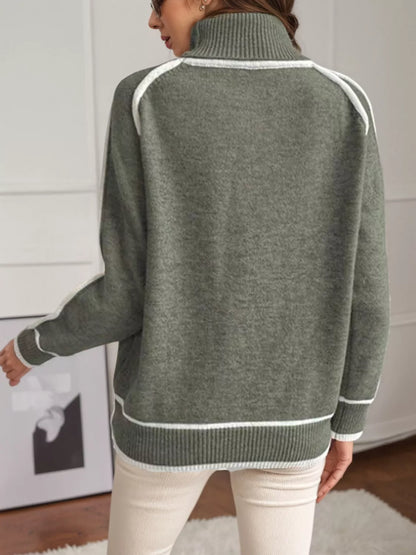 Full Size Turtleneck Contrast Trim Sweater Plus Size