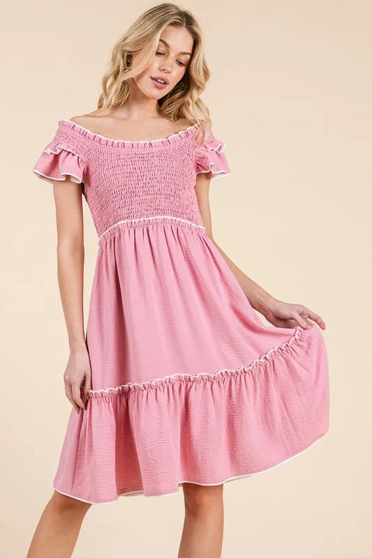 Lime 'N' Chili Ruffle Trim Smocked Dress with Contrast