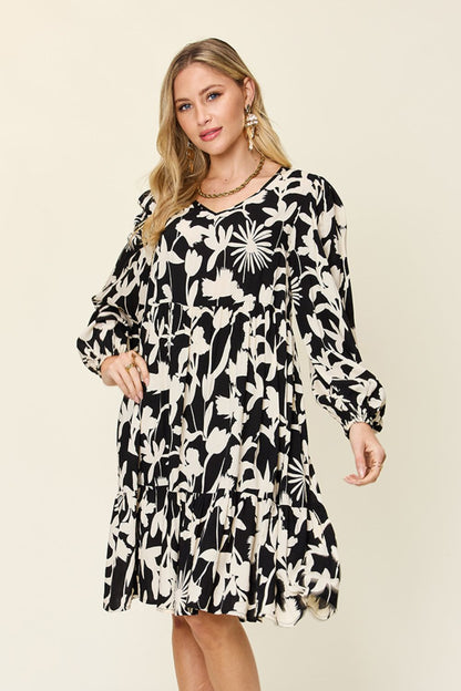 Printed Ruffle Hem Long Sleeve Rayon Dress Black