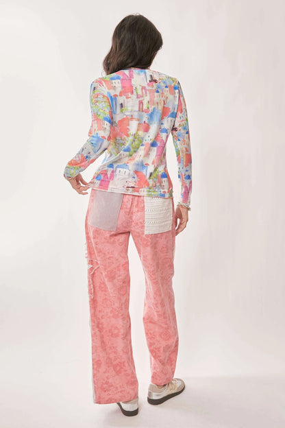 Davi & Dani Multi Printed Mesh Round Neck Long Sleeve Top