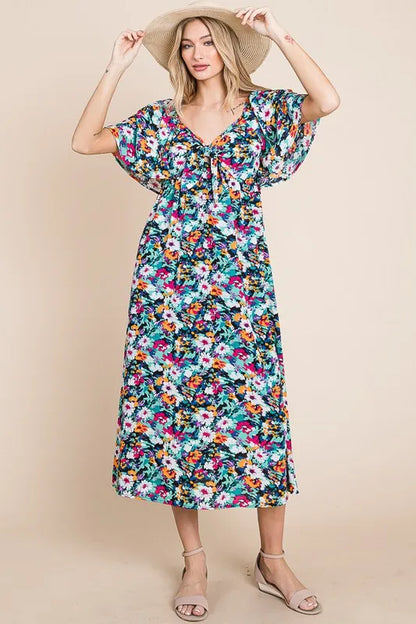 Lime 'N' Chili Floral Print Sweetheart Neck Tie Front Midi Dress