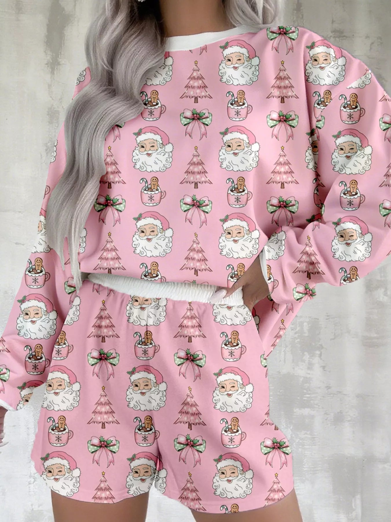 Christmas Santa Print Round Neck Top and Shorts Lounge Set Dusty Pink