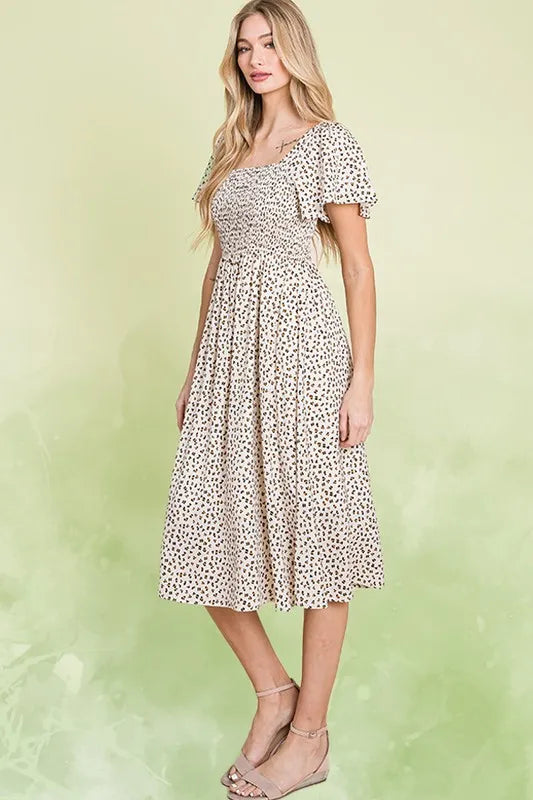 Lime 'N' Chili Ditsy Leopard Print Square Neck Smocked Midi Dress