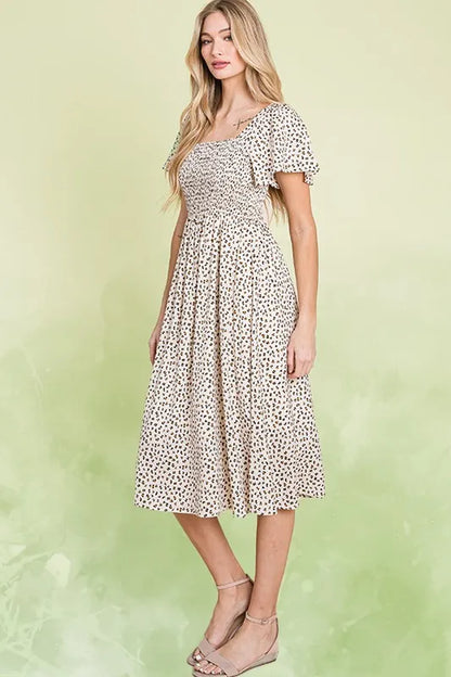 Lime 'N' Chili Ditsy Leopard Print Square Neck Smocked Midi Dress