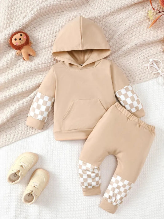 Checkered Long Sleeve Sweatshirt and Pants Set Tan