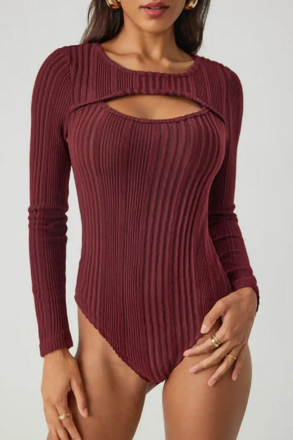 Ribbed Cutout Round Neck Bodysuit Deep Red