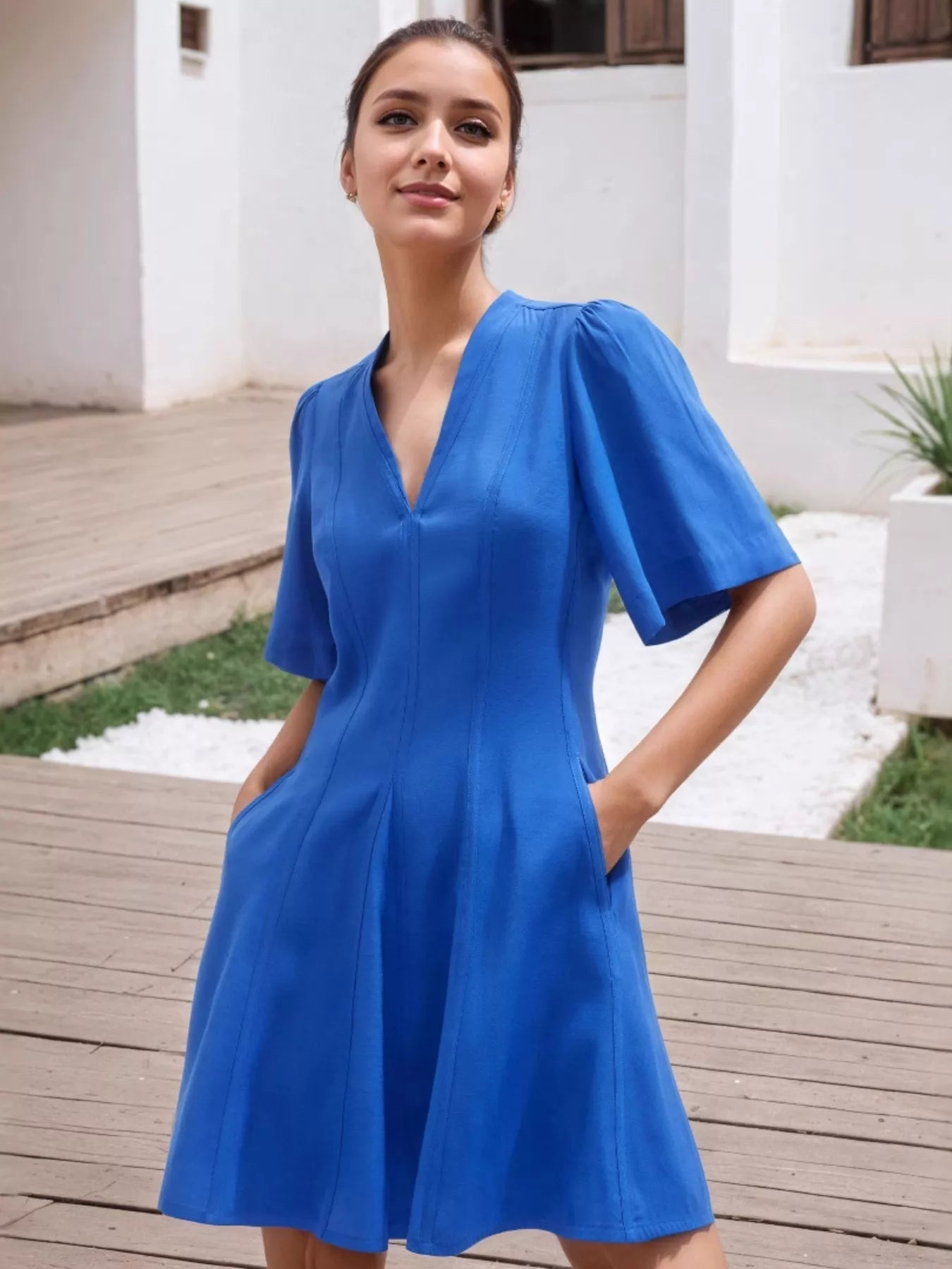 V-Neck Short Sleeve Dress with Pockets