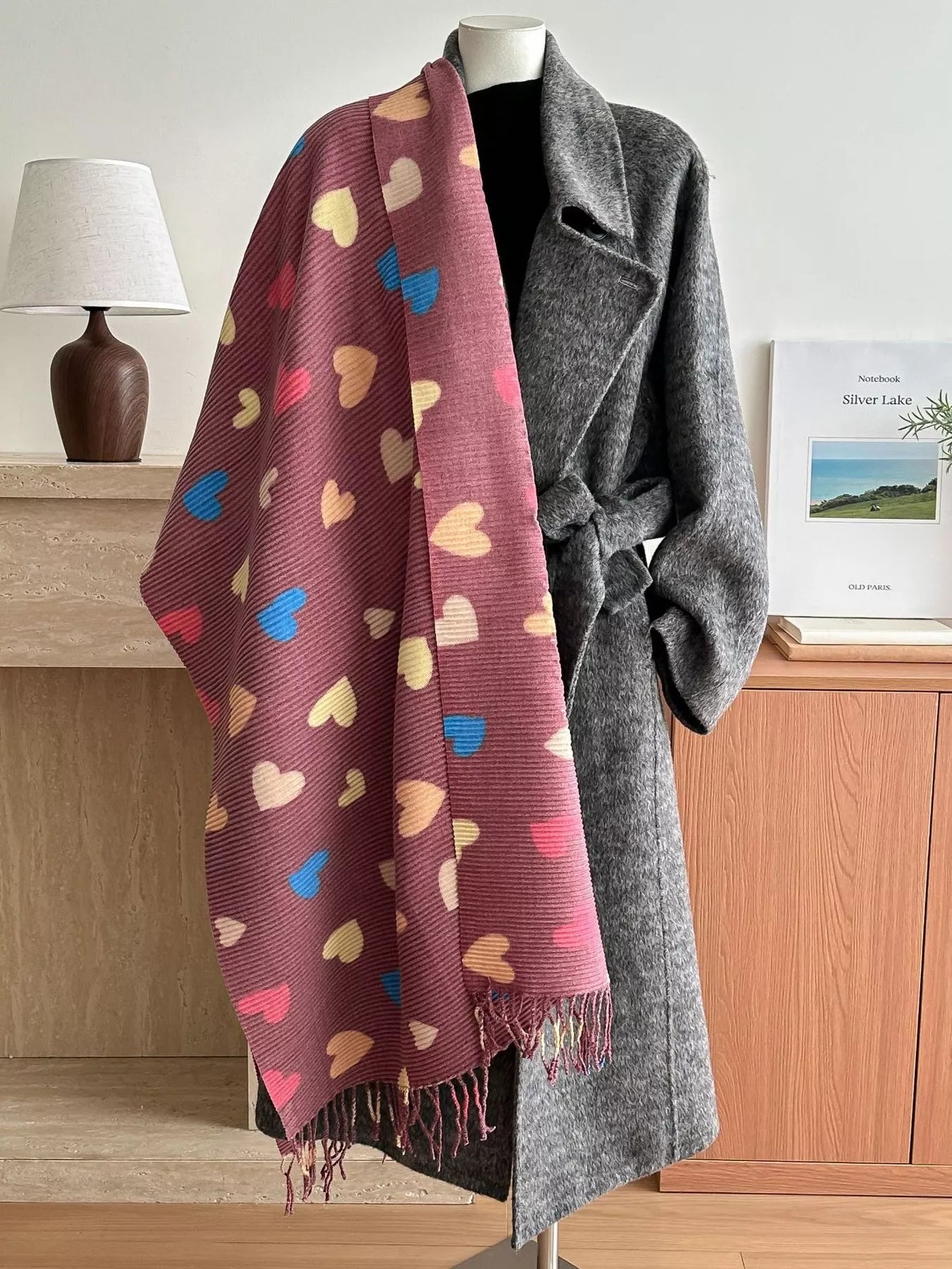 Heart Patterned Tassel Scarf Rust One Size