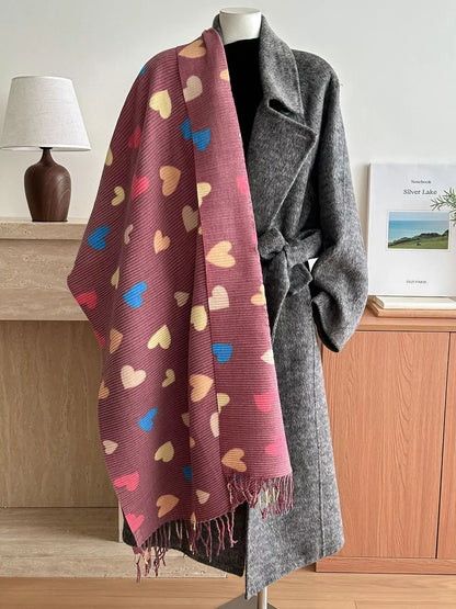 Heart Patterned Tassel Scarf Rust One Size