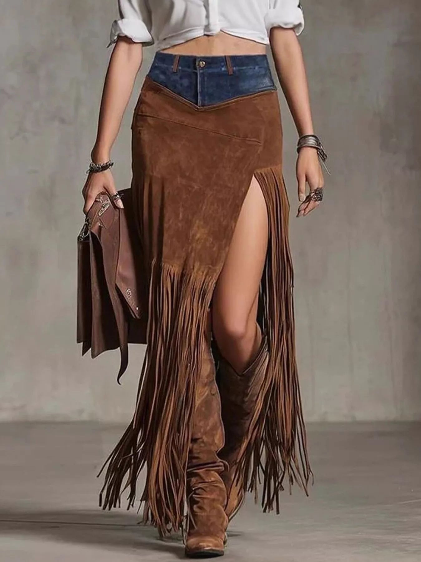 Denim Patchwork Fringe Maxi Skirt Brown