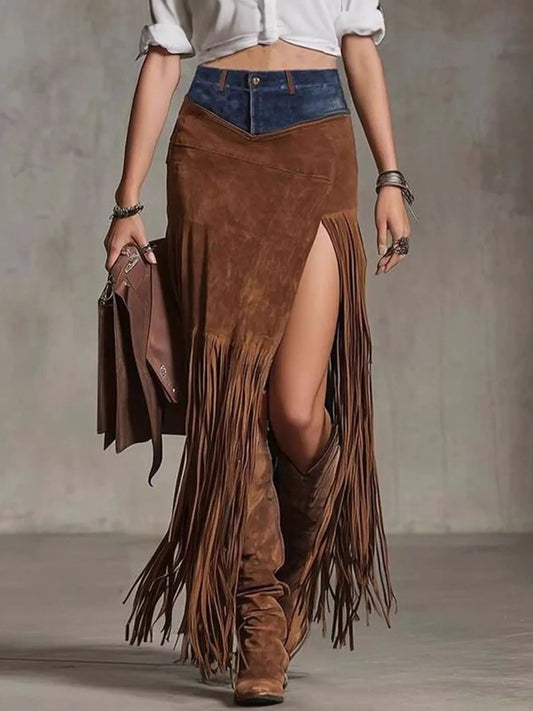 Denim Patchwork Fringe Maxi Skirt Brown