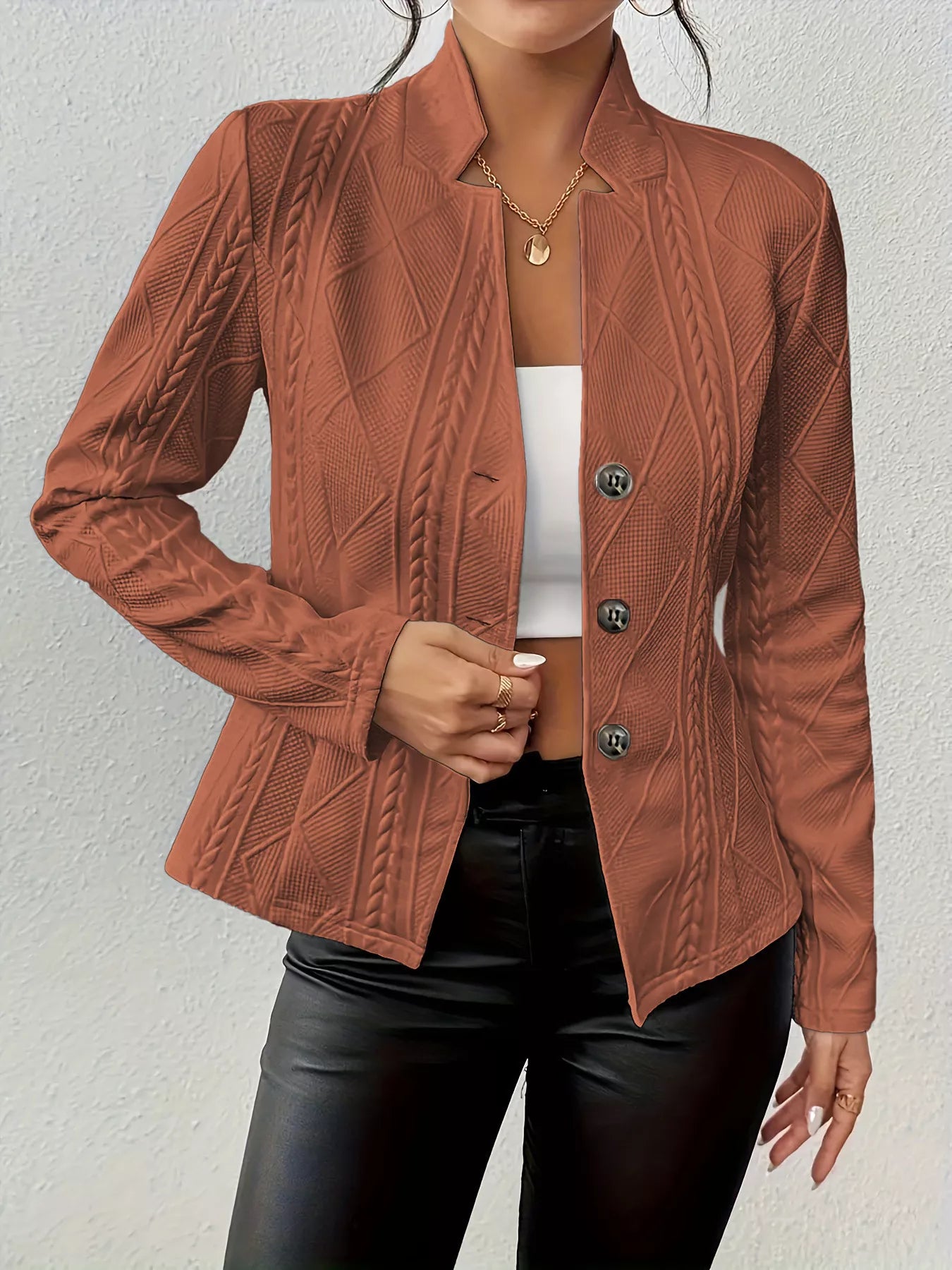 Textured Knit Button-Front Blazer Brown