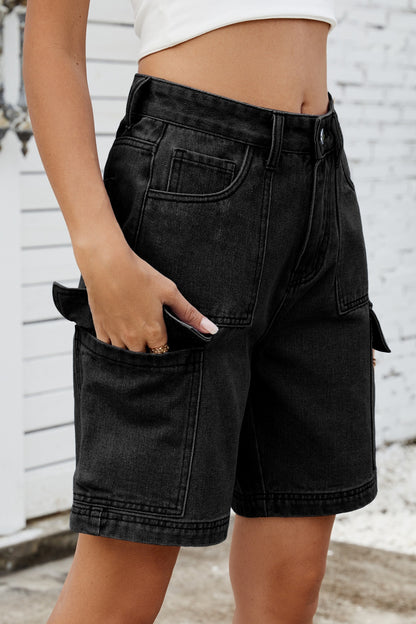 High Rise Denim Shorts with Cargo Pockets