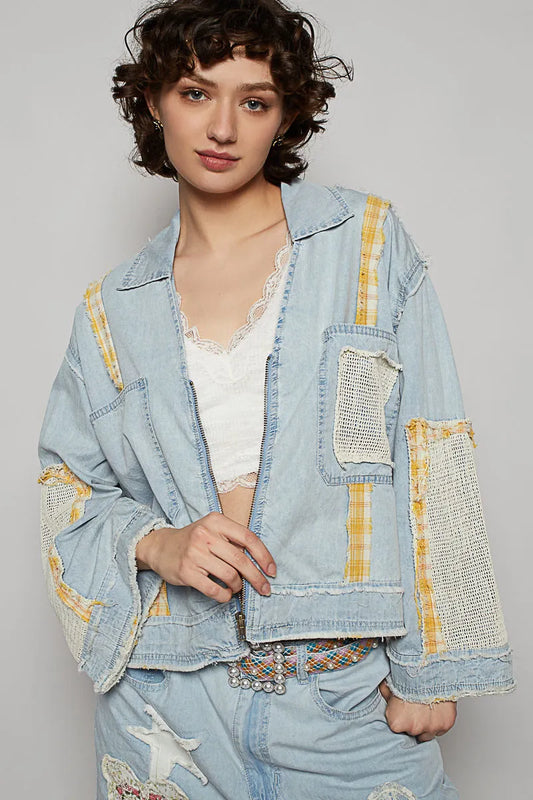 POL Raw Hem Zip Up Denim Jacket with Plaid and Crochet Patch Light Blue