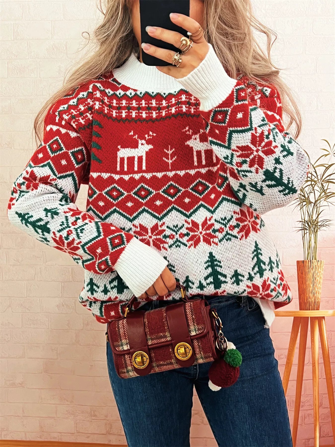 Christmas Reindeer Pattern Round Neck Sweater Red One Size